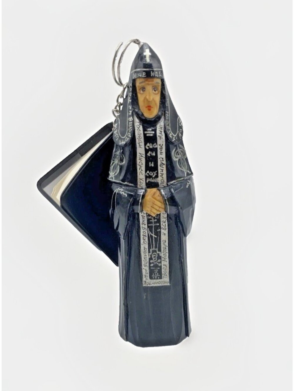 Vintage Russian Orthodox Priest Wood Carved Figurine Signed w/ Notebook